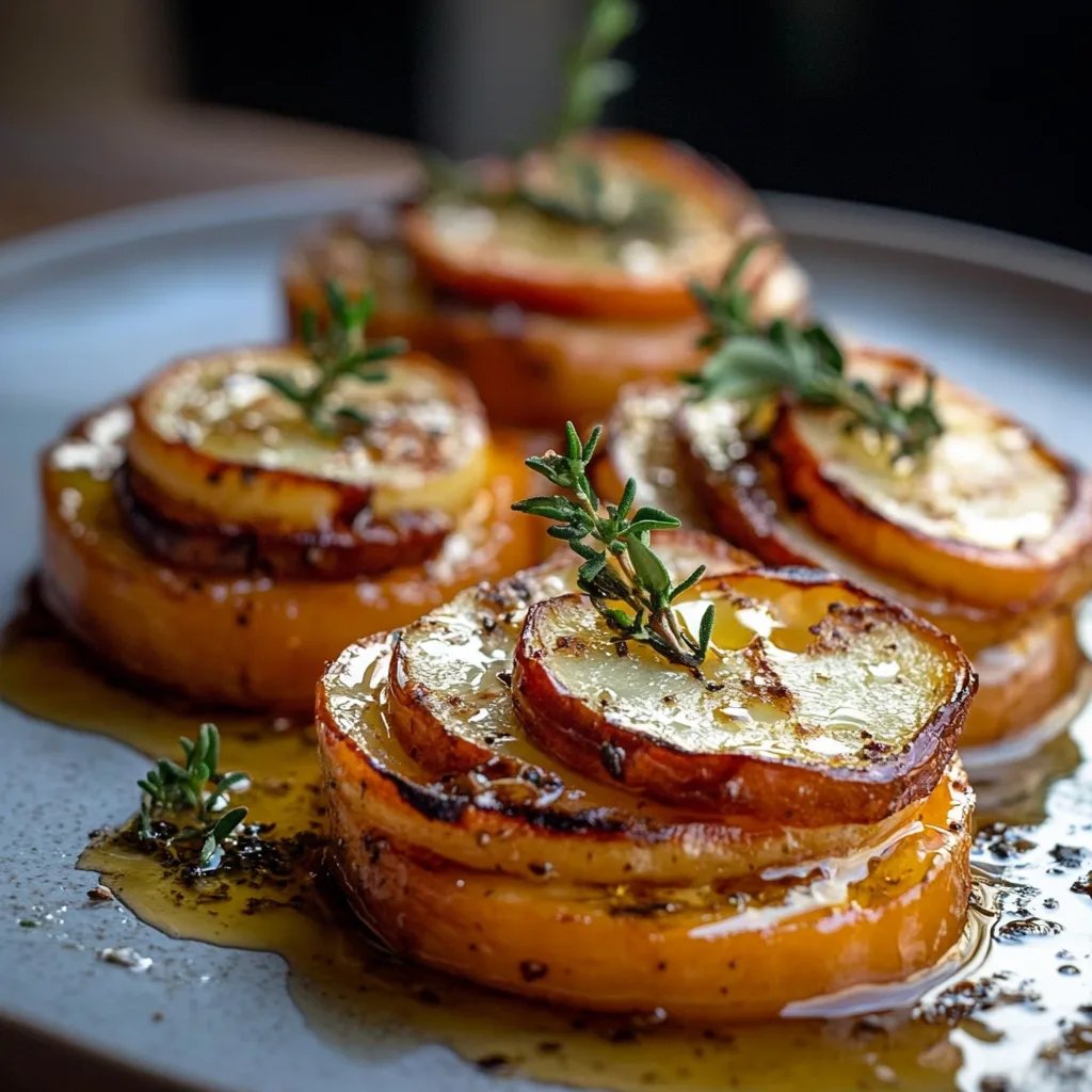 Süßkartoffelröllchen mit Ziegenkäse, Apfelscheiben und scharfem Honig