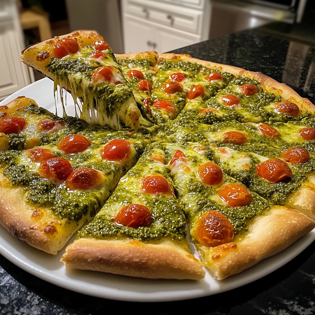 Pizza mit Pesto und Kirschtomaten