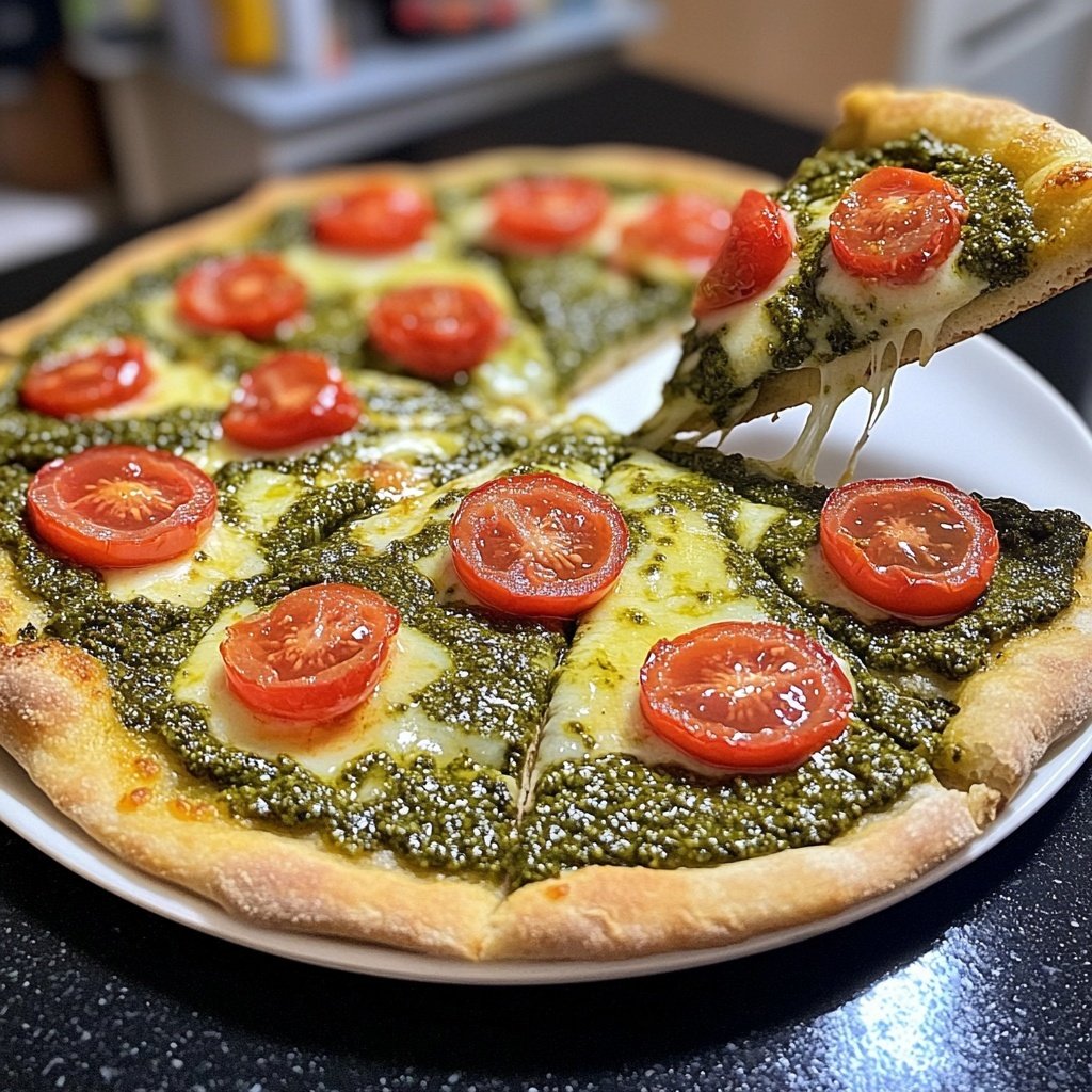 Pizza mit Pesto und Kirschtomaten